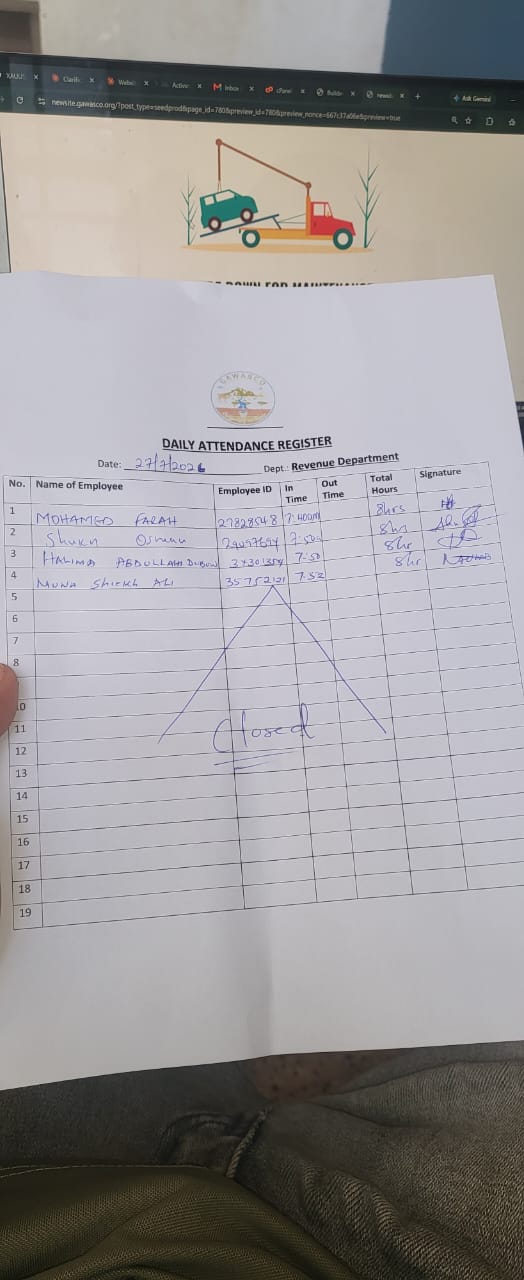Revenue Department daily attendance register at GAWASCO offices